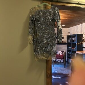 Jovani Beige and Silver Sequin Gown